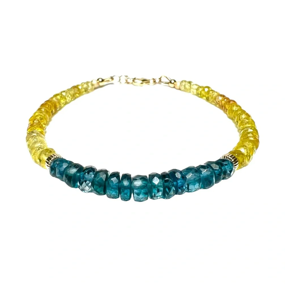 Solid 14K Gold 585 Natural London Blue Topaz and Yellow Sapphire Bracelet - Picture 9 of 9